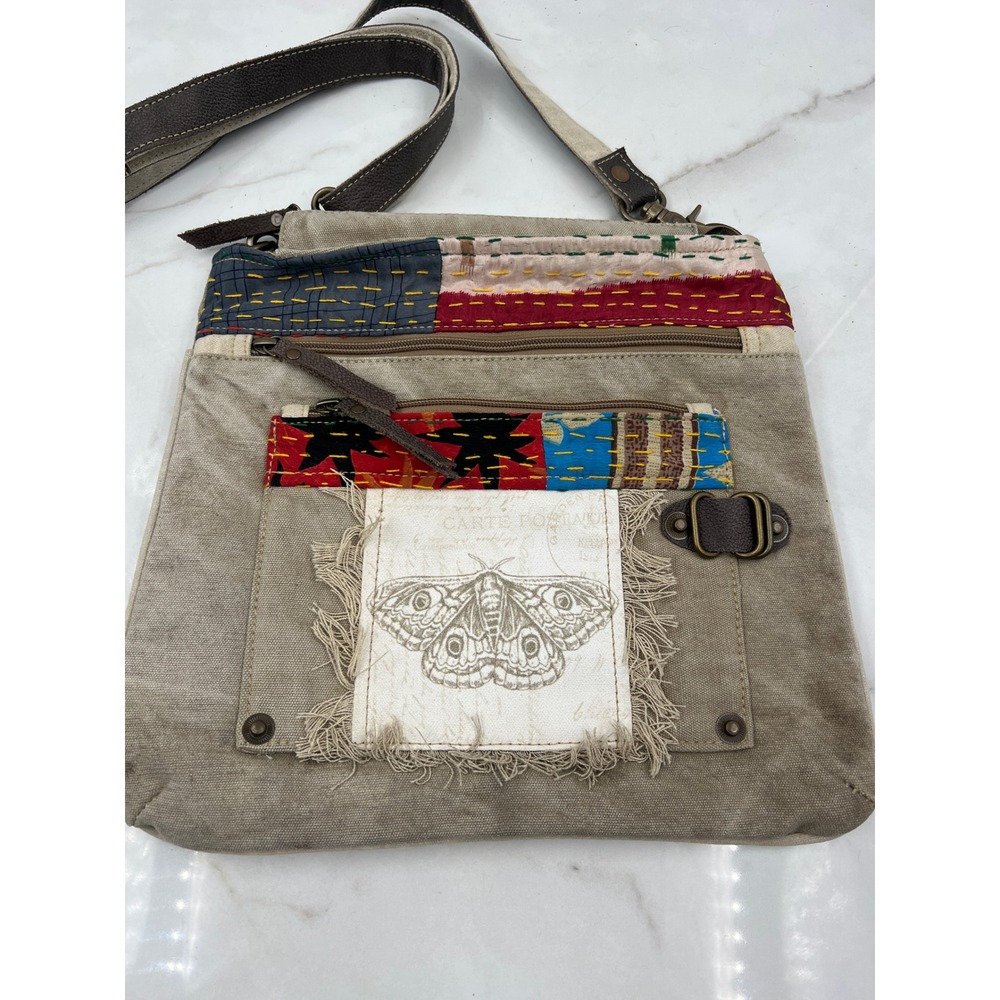Clea Ray Crossbody Bag Moth Graphic Khaki Messenger Bag Boho Canvas Patchwork